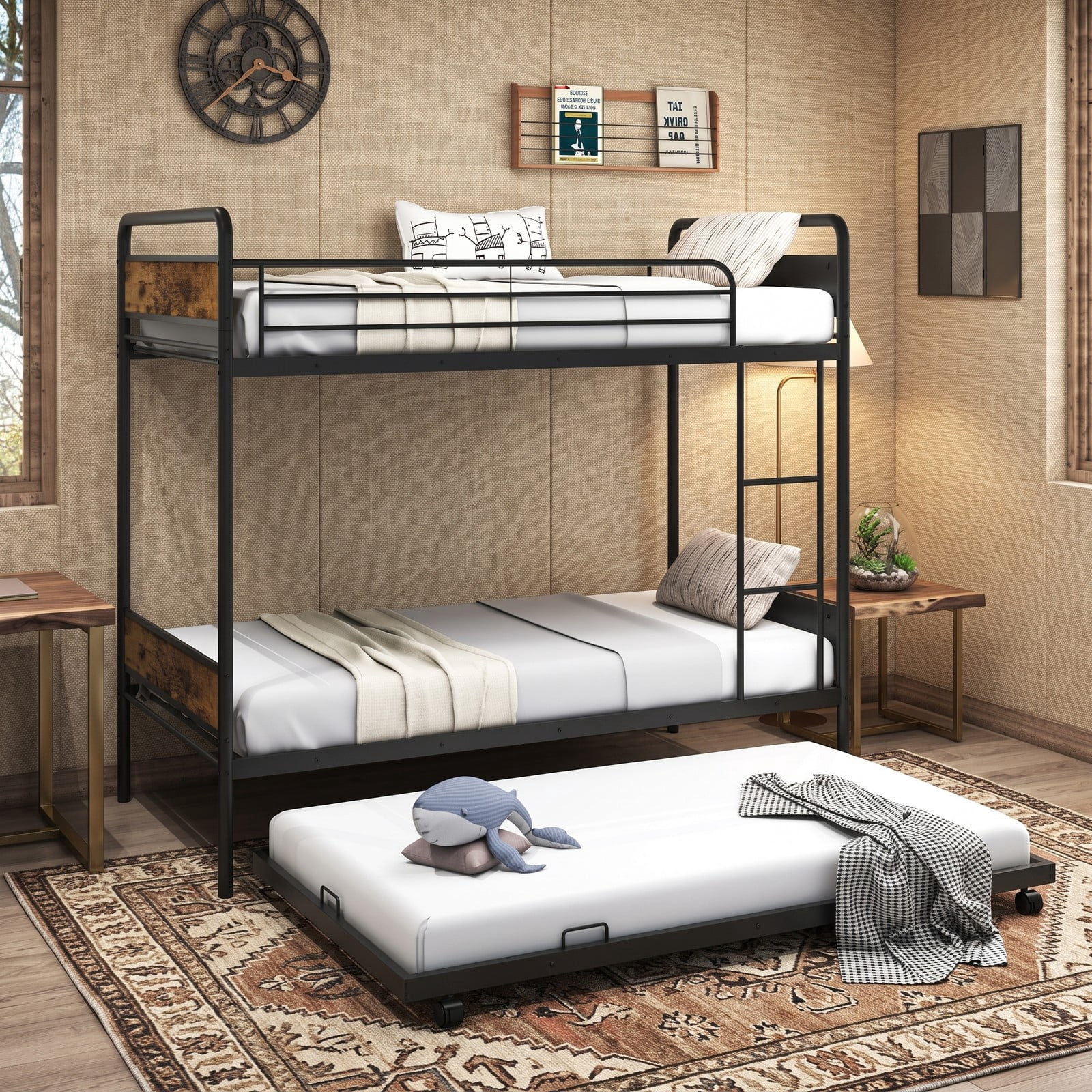 Furnibear Twin Over Twin Metal Bunk Bed with Pull-out Trundle Ladder and Guardrails for Kids Guest Rooms and Dorms, Black