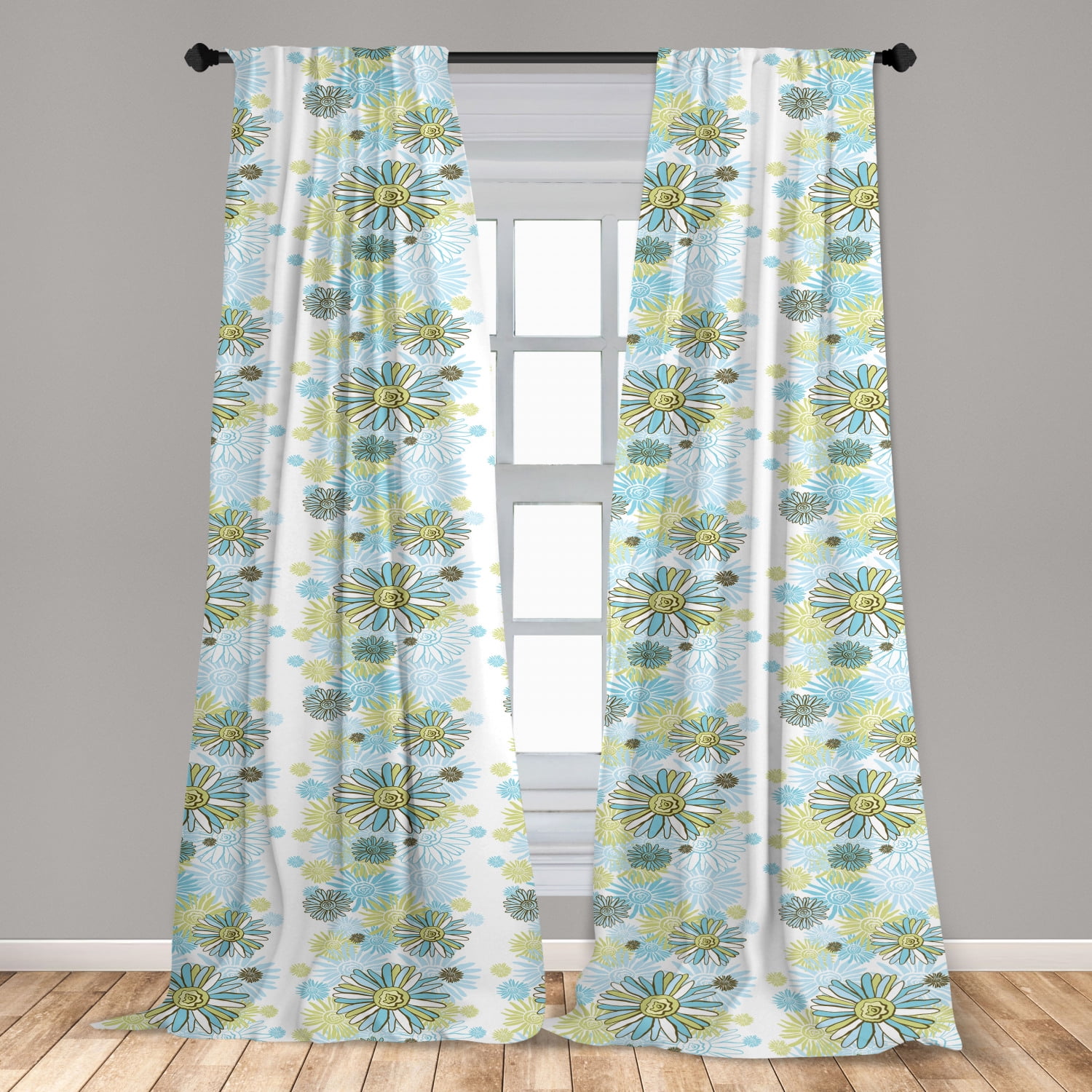 Turquoise Curtains 2 Panels Set, Chamomiles Flower Blossom Wildflower