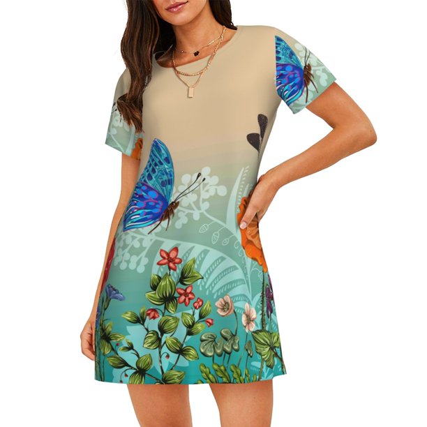 Easygdp Colorful Plants And Insects Camisón de manga corta para mujer, informal, estampado