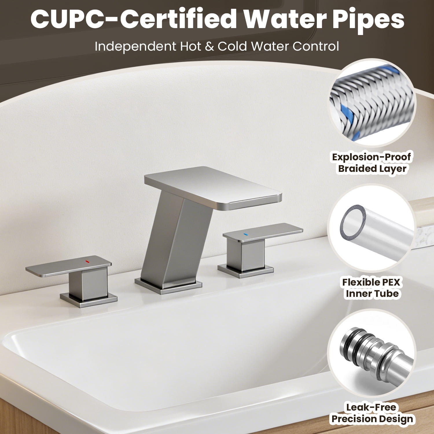 Elite 8 in. Waterfall Widespread 2-Handle Bathroom Faucet, 3-Hole Sink Faucet with Pop-Up Drain, Brushed Nickel