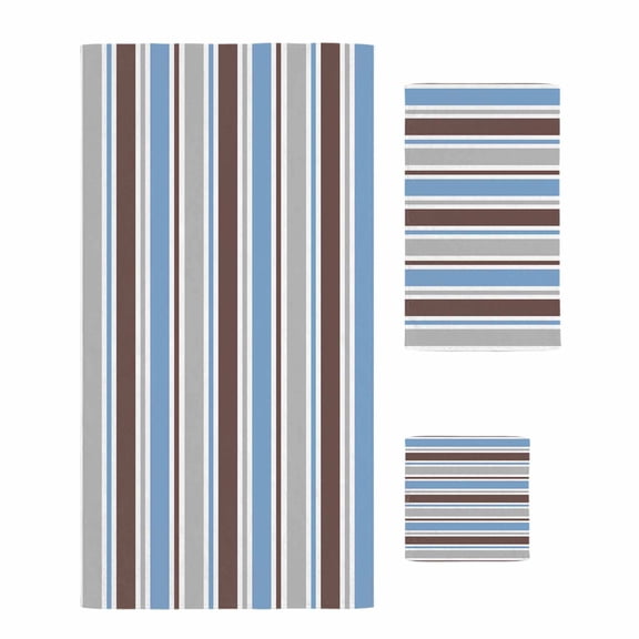Blue Brown Striped Towel Set of 3, Soft Microfiber Bath Towels, Hand Towel, Washcloths, Farmhouse Stripes Modern Abstract Art Quick-Dry Absorbent Towels for Bathroom Kitchen Hotel Beach Gym Spa