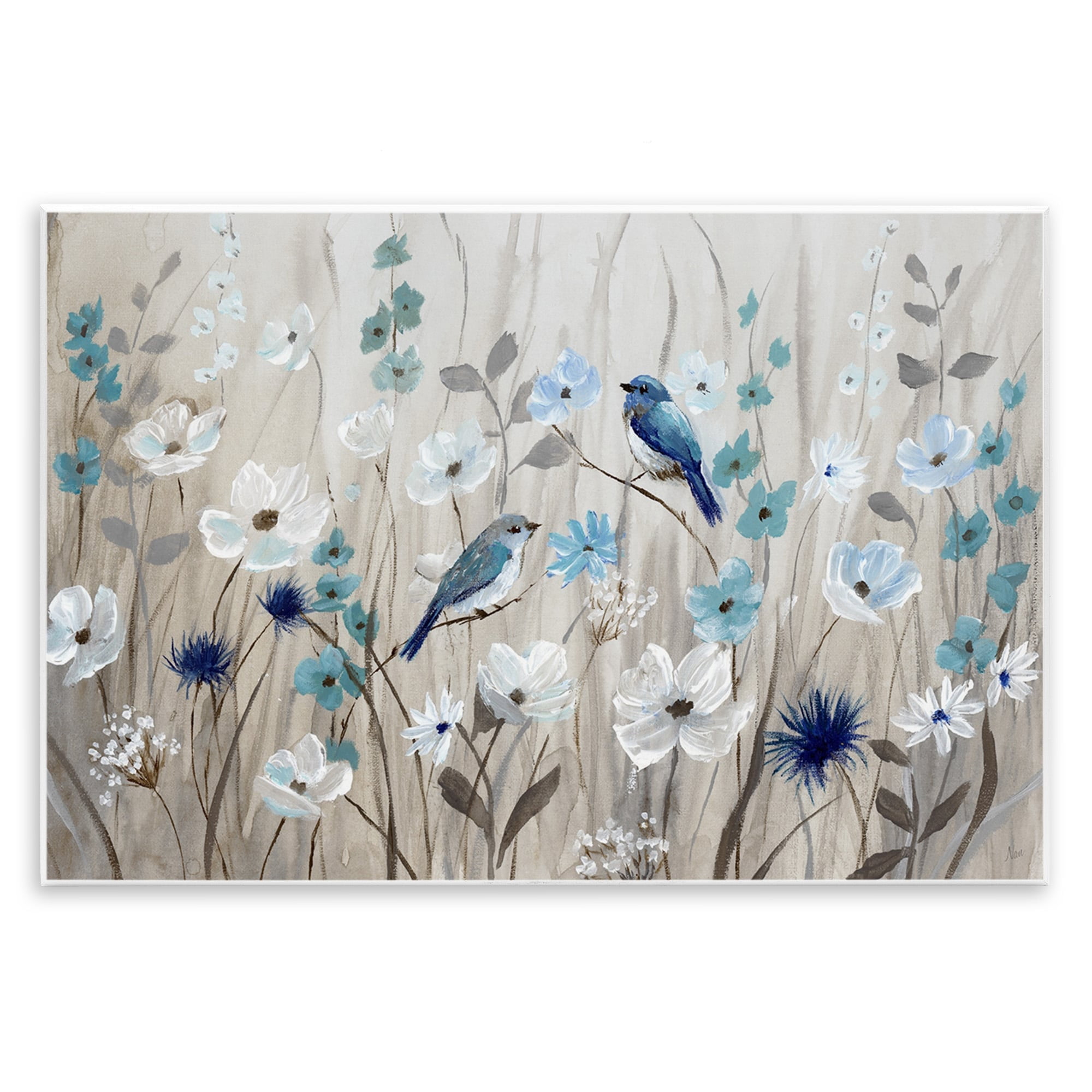 Stupell Industries Birds Floral Meadow Blue White Blossoms Paintings Unframed Art Print Wall Art, 19x13, by Nan