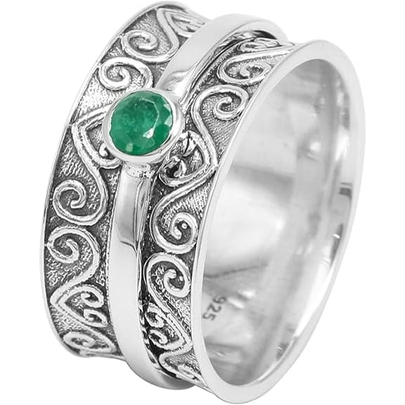 Earth Gems Jewelry Emerald Spinner Ring Sterling Silver Meditation Ring Anxiety Ring for Women