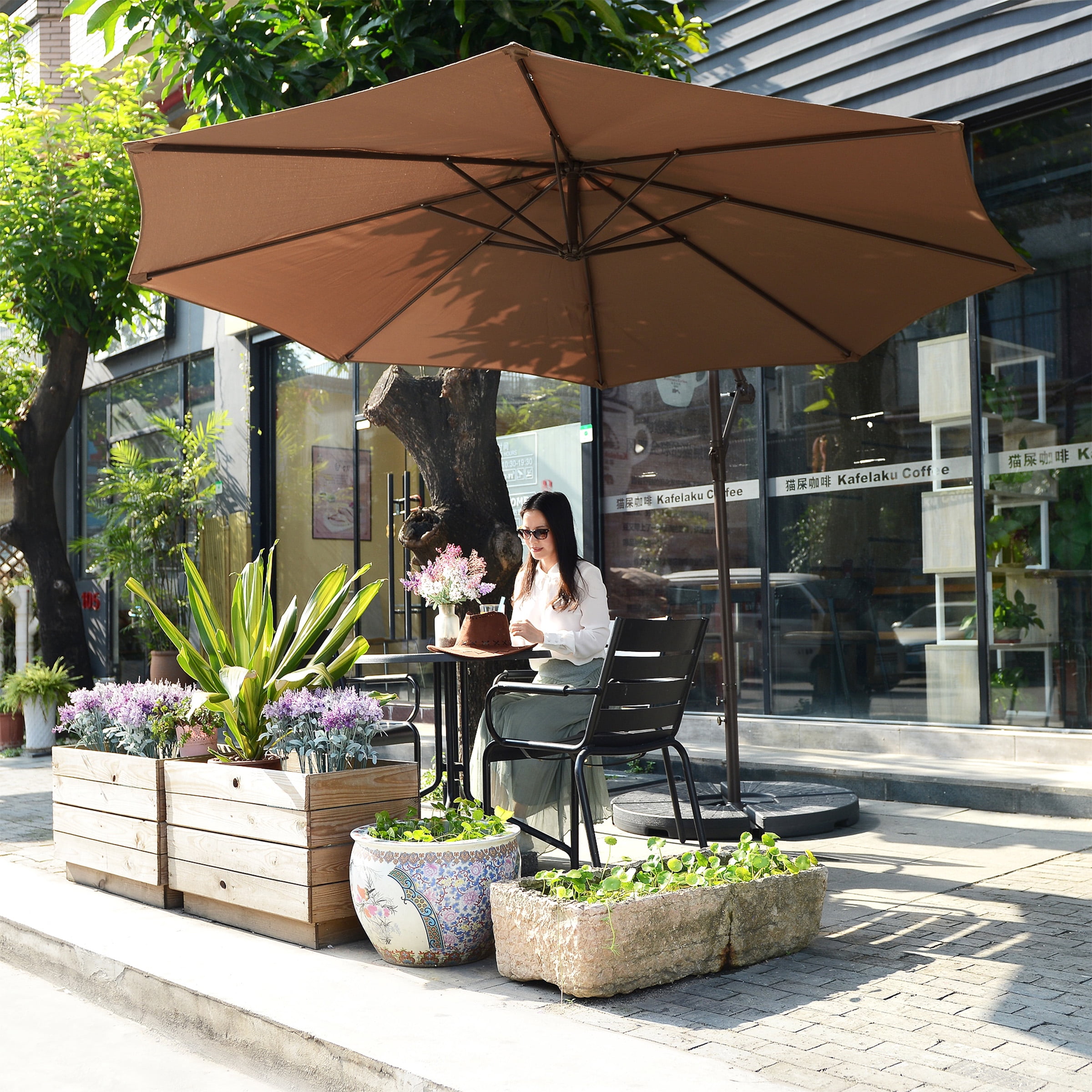 Cantilever Umbrella - 10FT Offset Outdoor Patio Umbrella with Tilt, Brown