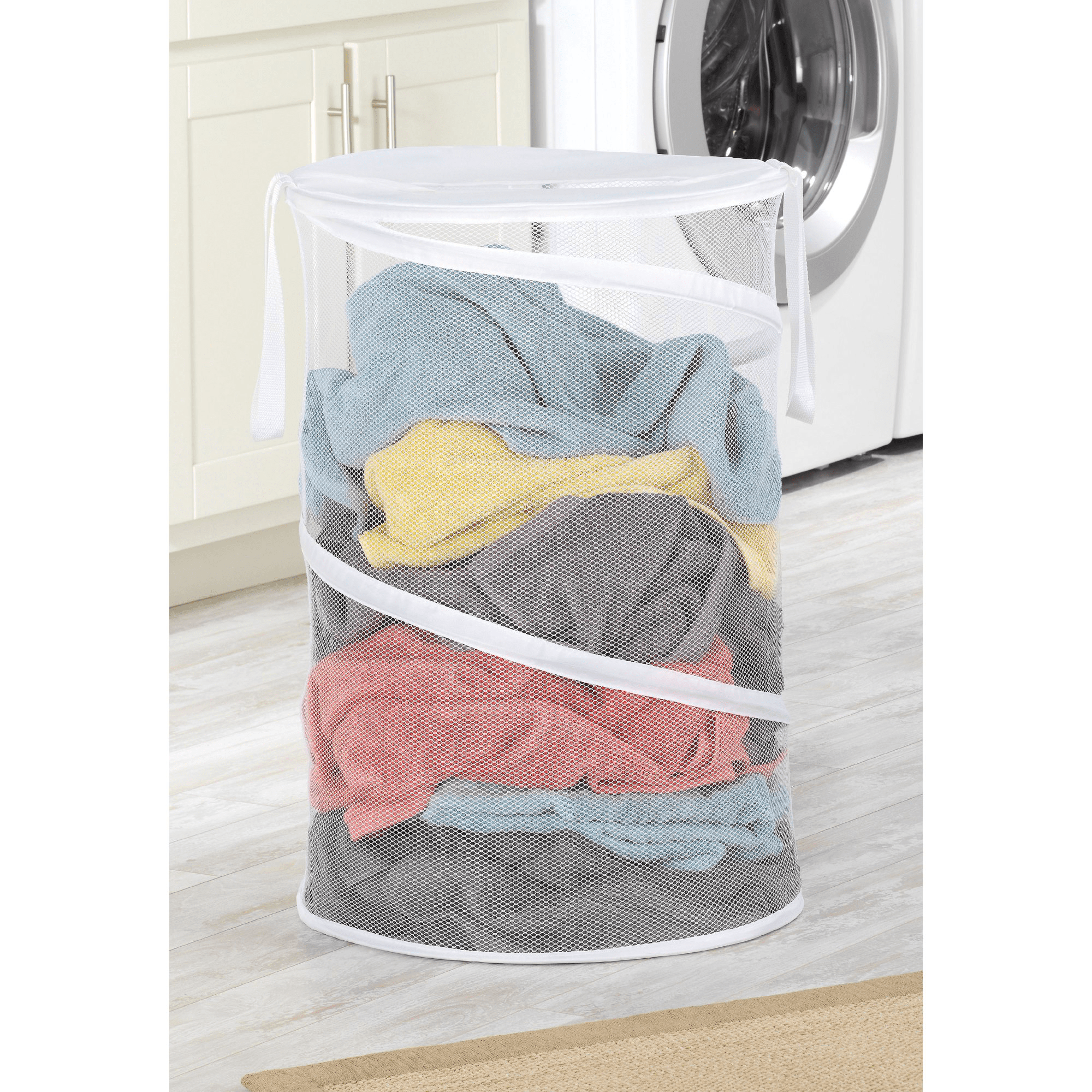Collapsible Round Popup Laundry Hamper, White Foldable Mesh Laundry Basket with Reinforced Carry Handles Solid Bottom