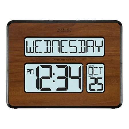 - La Crosse Technology 513-1419BL-WA Backlight Atomic Full Calendar Digital Clock with Extra Large Digits, Walnut