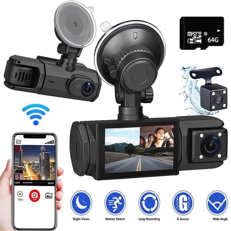 TIKBBRMG Dash Cam Front and Rear,Triple Camera,1080P Full HD Dashcam for Cars Backup Camera,Included 64GB Card,Built-in Wi-Fi GPS,2” IPS Screen, Night Vision, 140°Wide Angle,WDR, 24H Parking Mode