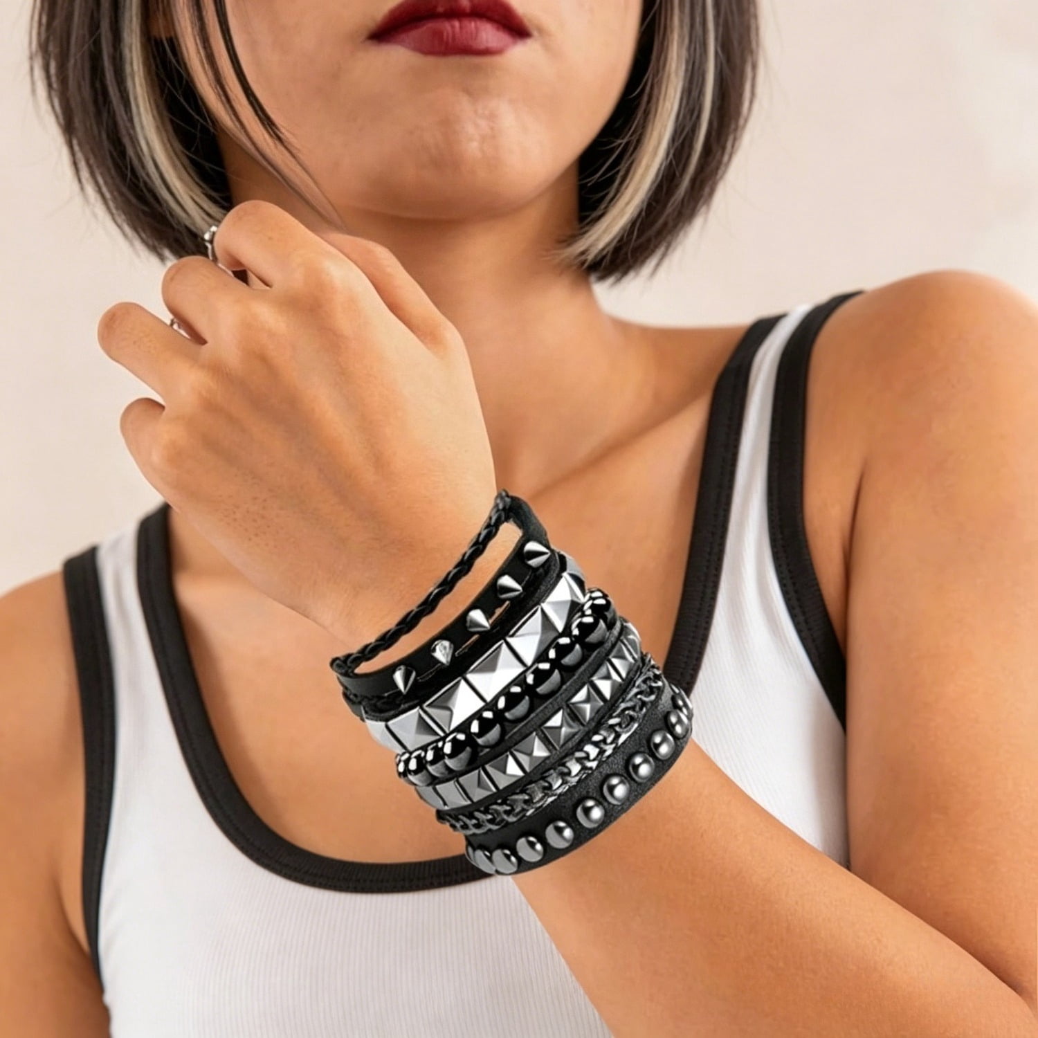 4 Pcs Punk Rock Leather Studded Bracelets for Men Women 80s Gothic 