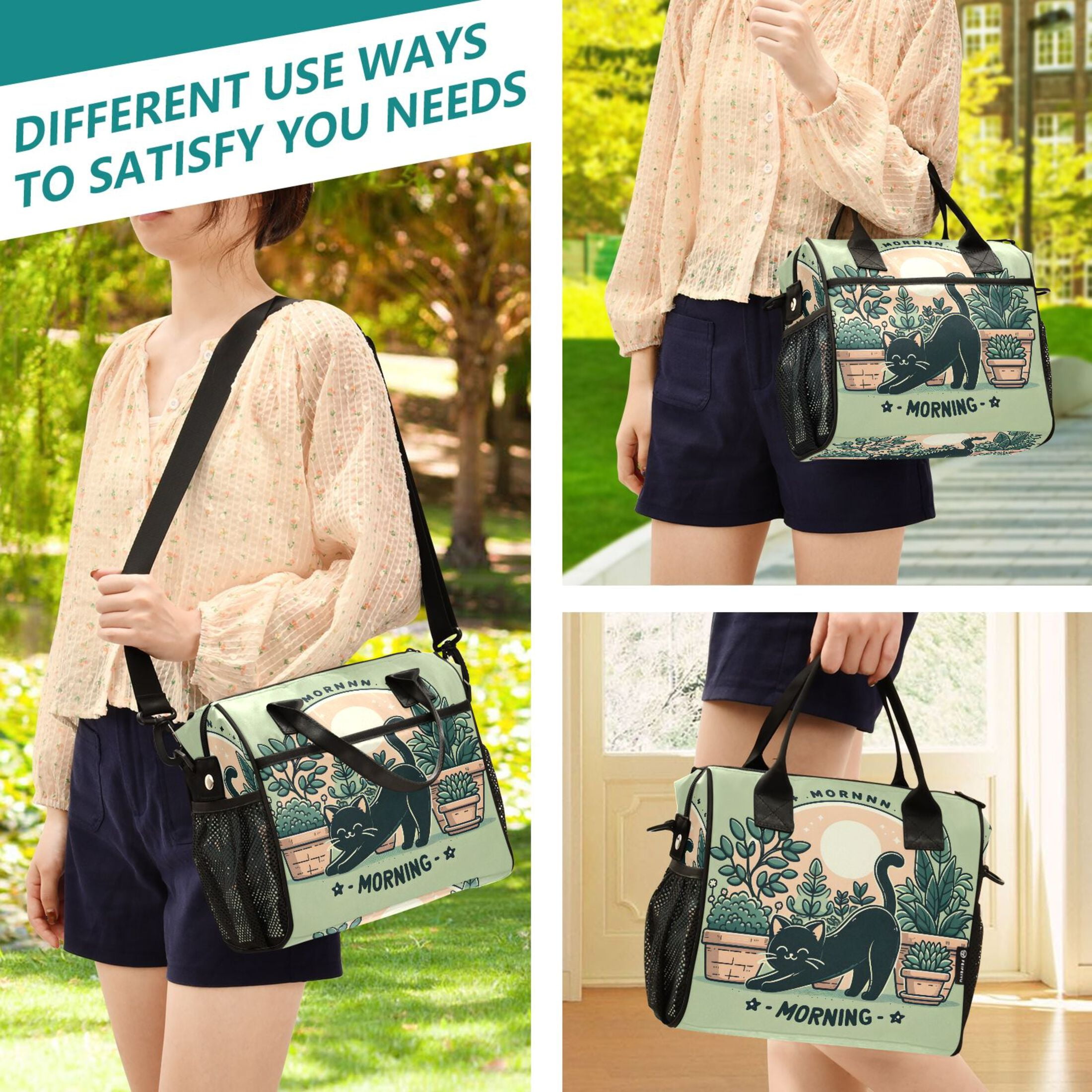 ALAZA Morning Black Cat Insulated Lunch Bag Reusable Tote Box Adjustable Shoulder Strap for Work Picnic