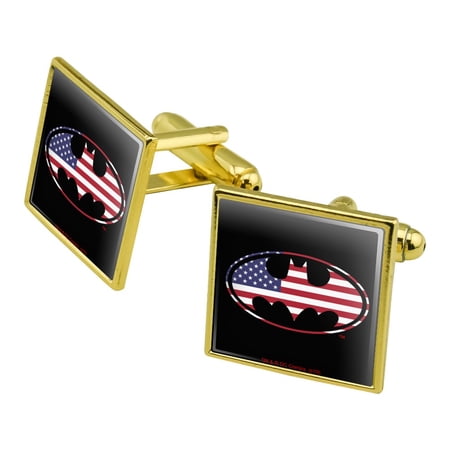 Batman USA American Flag Shield Logo Square Cufflink Set – Silver or Gold