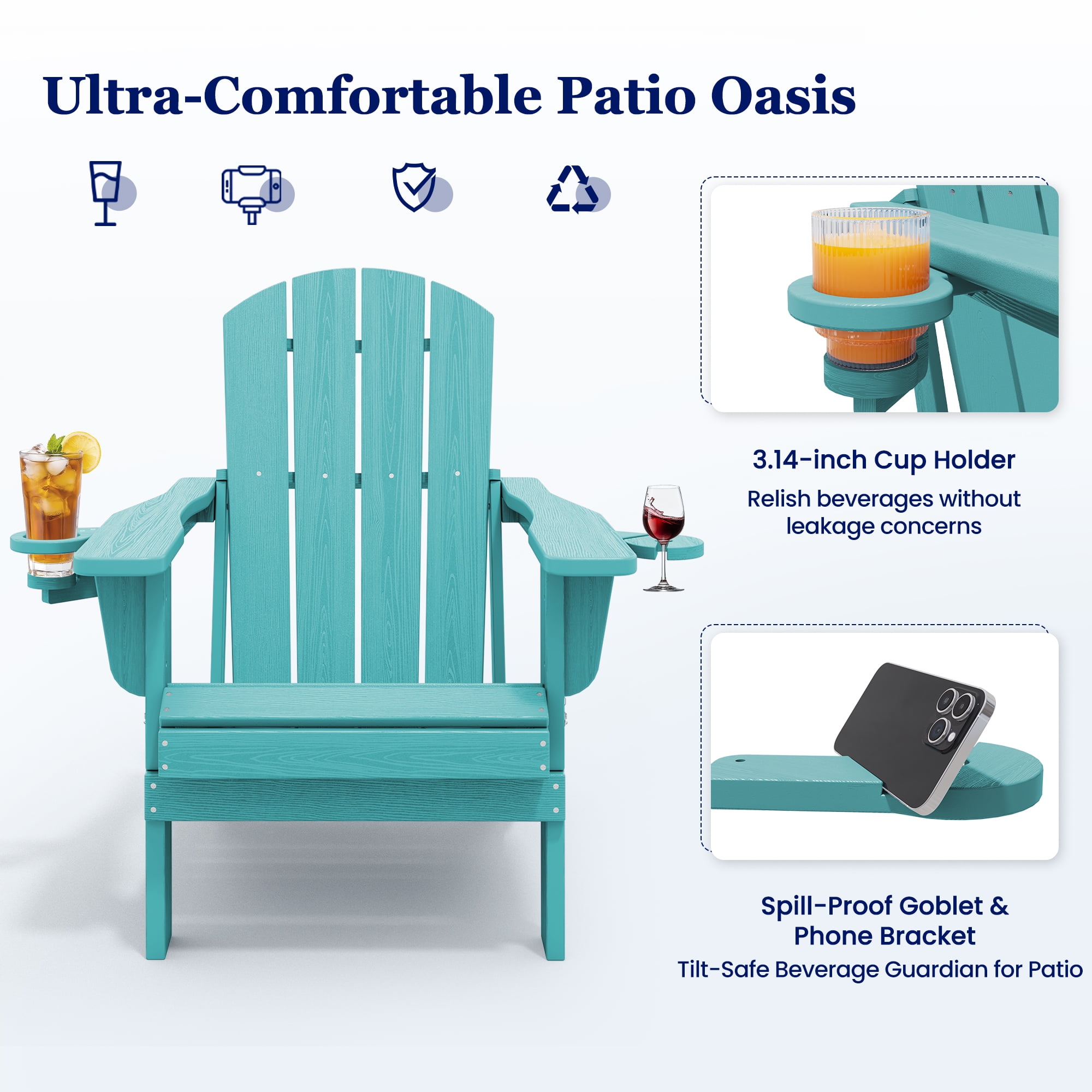 SERWALL Folding Adirondack Chair Set with Dual Cup Holders & Phone Holder, All-Weather HDPE Fire Pit Chairs for Outdoor, Patio, Poolside, Garden - Aruba