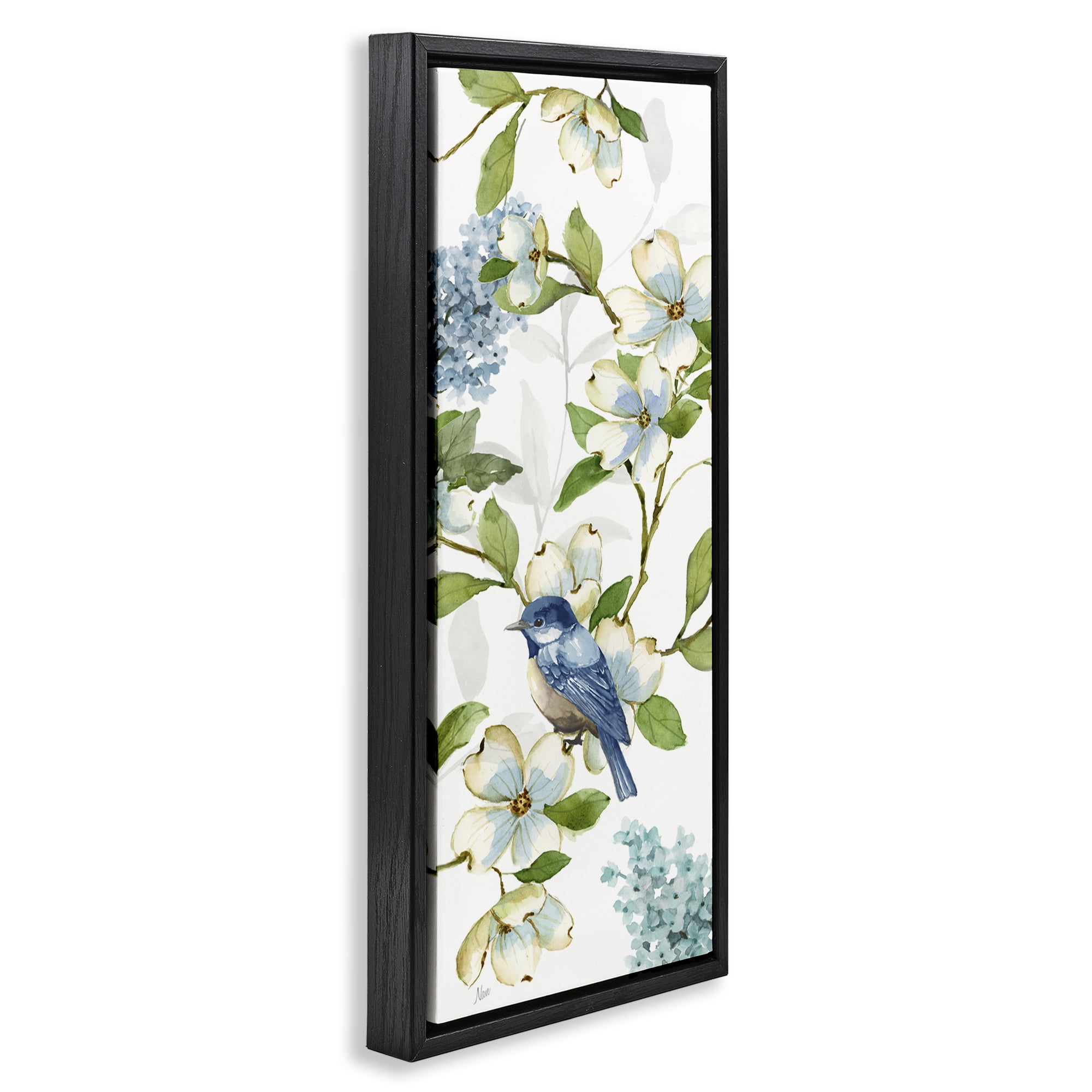 Stupell Industries Dogwood Flowers & Bird Plants & Flowers Painting Black Floater Framed Canvas Art Print Wall Art, 14 x 31