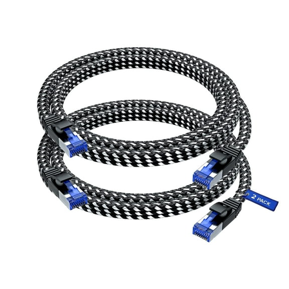 Ethernet Cable Cat 7, 6 ft, 2 Pack,Easy-Hide Flat Super-Durable Black Braided Network LAN Internet Cable/Cord, Ethernet Patch Cable