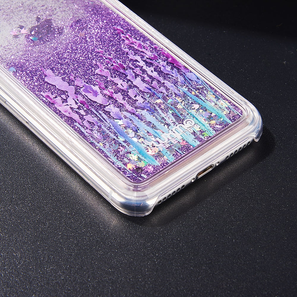 3D Winter Sparkle Glitter Waterfall Phone Case (Lavender Bliss) for Apple iPhone XS/X - Interactive Water Liquid Cascade Floating Snow Globe Dynamic Transparent Smartphone Cover - Purple Floral Nature