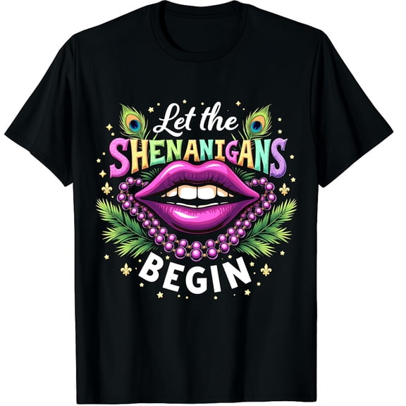 Let The Shenanigans Begin Mardi Gras Lips New Orleans Graphic Black T-Shirt for Men and Women