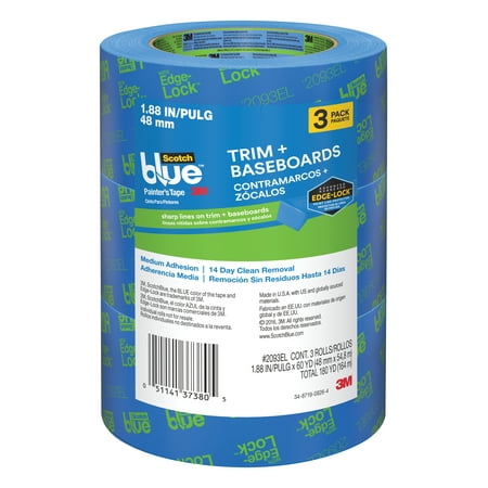 ScotchBlue Painter's Tape Trim and Baseboards with Edge-Lock, 1.88" x 60 yds, 3 Rolls/Pack