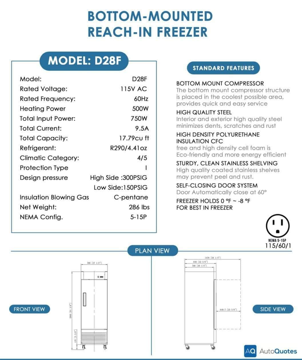 D28F Single Door Commercial Freezer in Stainless Steel
