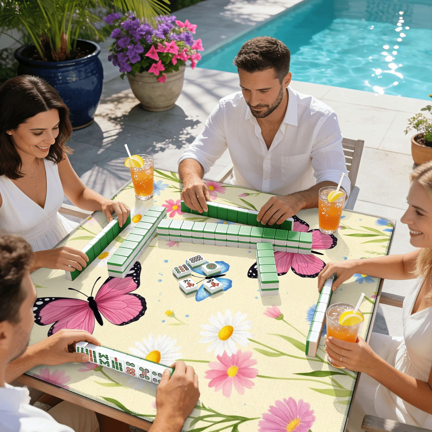 Mahjong Mat 31.5" x 31.5" Pink Blue Butterflies Wildflowers Pastel Yellow Non-Slip Noise Reduction American Mahjong Tiles Table Cover for Dominoes Poker Card Board Games Gift