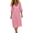 thumbnail image 3 of Sentmoon Robe en Lin pour Femmes Robes pour Femmes 2026 Robes d'Été pour Femmes Couleur Unie Manches 3/4 Col Ras du Cou Extensible Coupe Régulière Robes de Plage pour Femmes avec Poches Travail P-3TG, 3 of 6