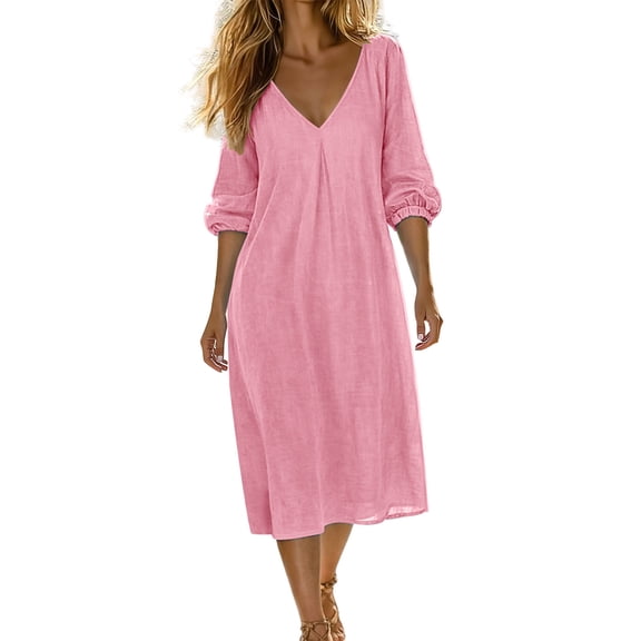 LIaqionyy Women's Cotton Linen Dress Casual Loose V Neck 3/4 Sleeve Vacation Sundress Trendy Summer Dresses