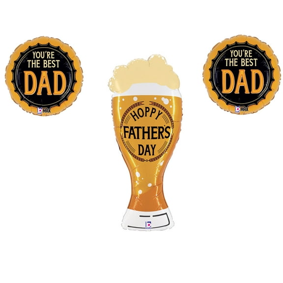 LOONBALLON Father's Day Theme Balloon Set, 39 Inch Hoppy Father's Day Beer Balloon and 2x Standard Best Dad Gold & Black Balloon