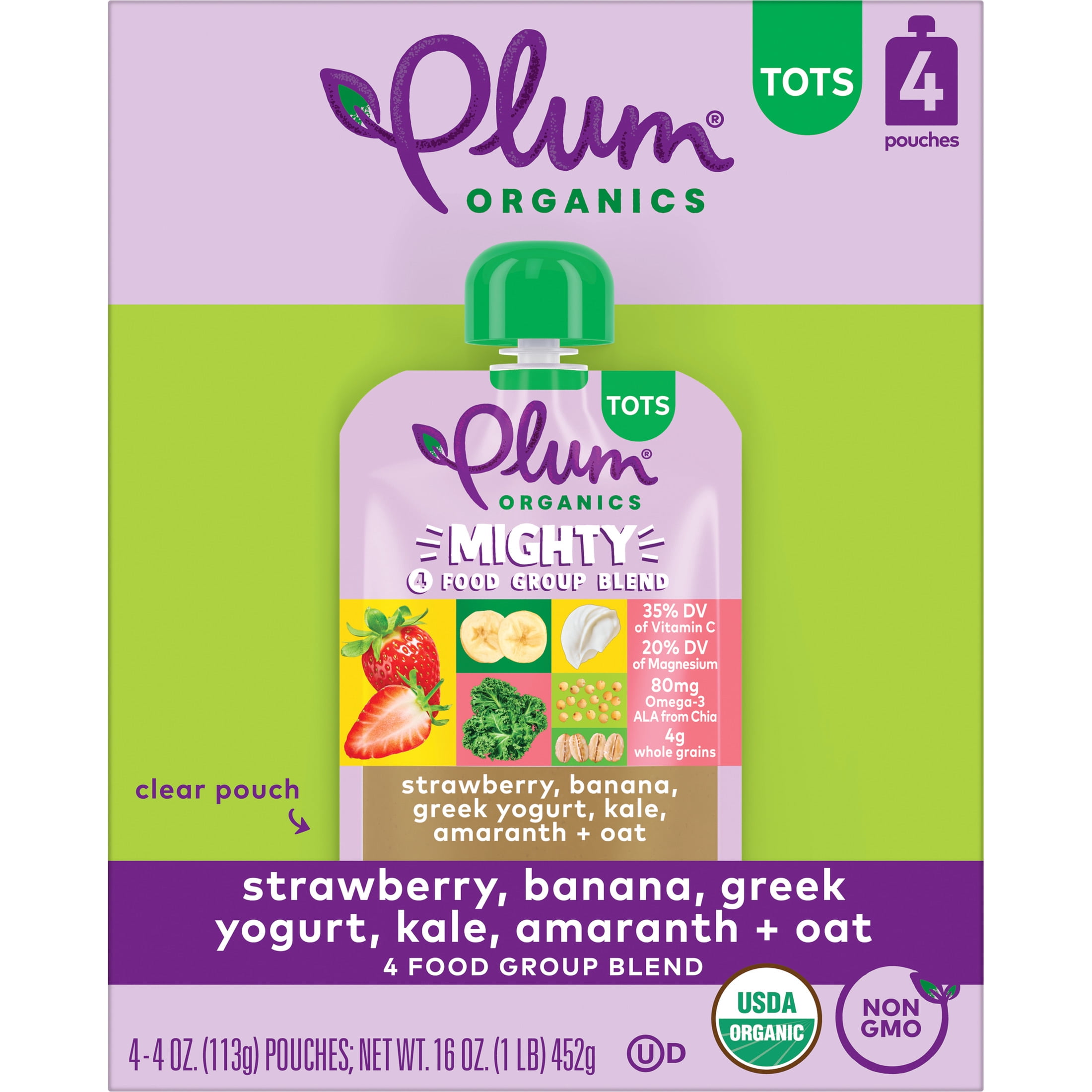 (4 pack) Plum Organics® Tots Mighty 4 Food Group Blend Strawberry, Banana, Greek Yogurt, Oat + Kale 4oz Pouch-4-Pack