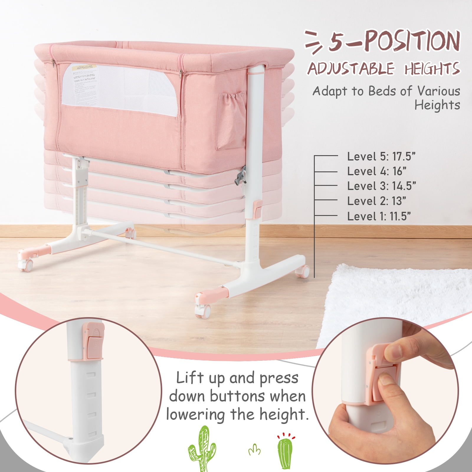 Babyjoy 3-in-1 Baby Bassinet Beside Sleeper Crib with 5-Level Adjustable Heights Pink