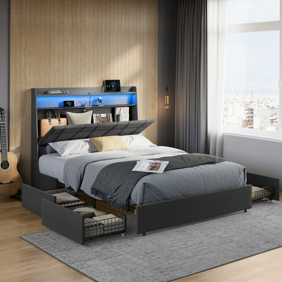 Queen Bed Frame with 51.4-Inch Tall Storage Headboard, Queen Size Bed Frame, with 4 Storage Drawers on Wheels, LED Lights, Charging Station