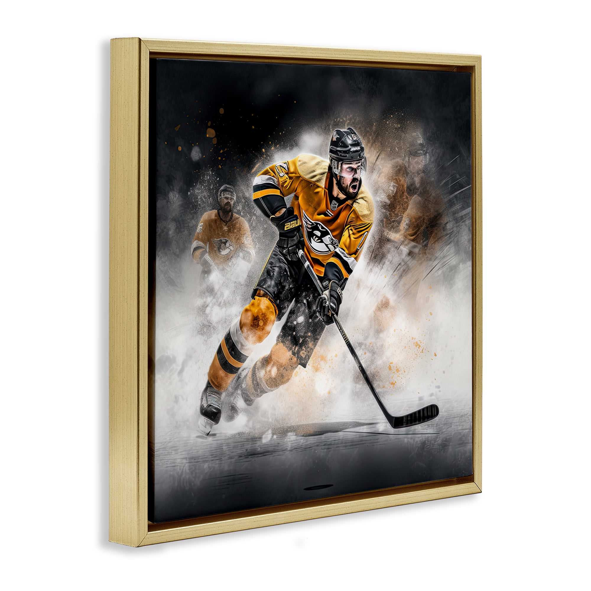 Stupell Industries Hockey Player Athlete People Painting Gold Floater Framed Canvas Art Print Wall Art, 25 x 25