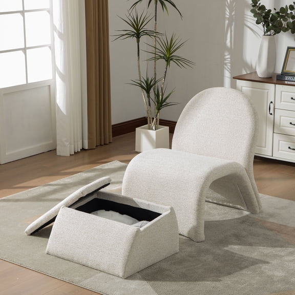 CQSXDA Modern Armless Accent Chair With Storage Ottoman, Chenille Upholstered 24.8 Inch for Living Room or Office, Beige