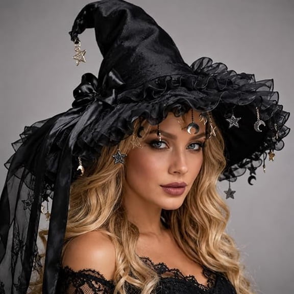 WZXFASHION Halloween Womens Witch Hats Wide Brim with Star And Moon Charms Ruffled Tulle and Long Ribbon for Cosplay Party Halloween Costume