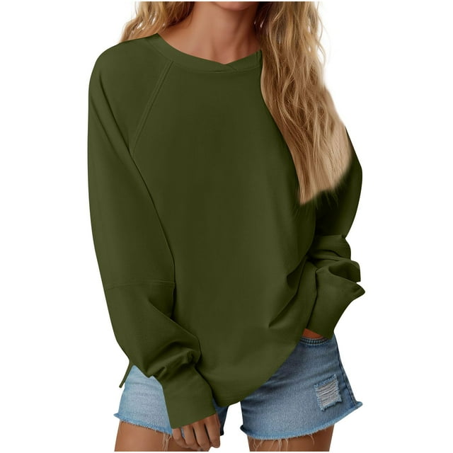 BLVB Sweatshirt for Women Crewneck Raglan Long Sleeve Side Split Tops Casual Solid Color Loose Pullover Shirts Fall Clothes