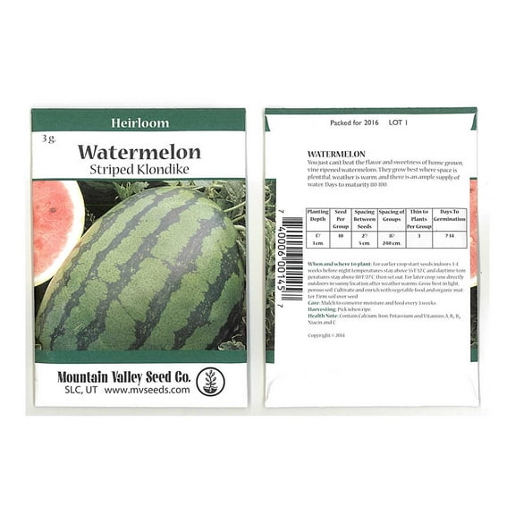 Watermelon Garden Seeds - Striped Klondike Blue Ribbon - 3 g Packet - Non-GMO, Heirloom Vegetable Gardening Fruit Melon Seeds