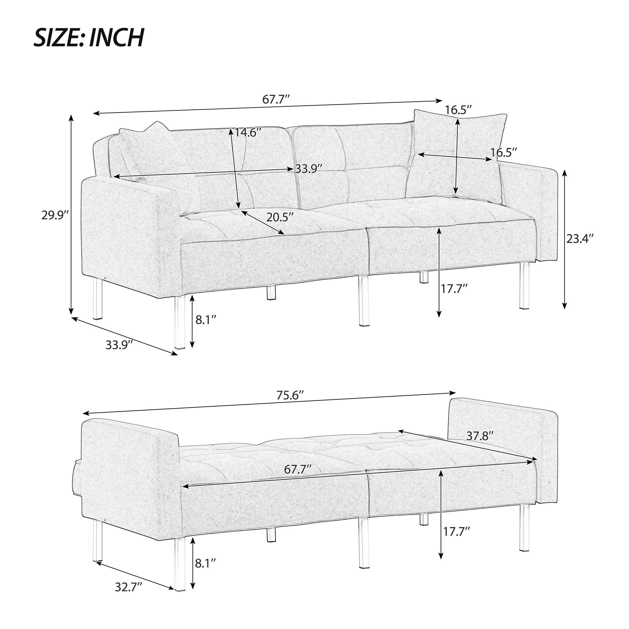 Aukfa 76" Futon Convertible Sofa Bed, 2 Seater Arm Couch for Home Office, 2 Pillows, Linen, Orange