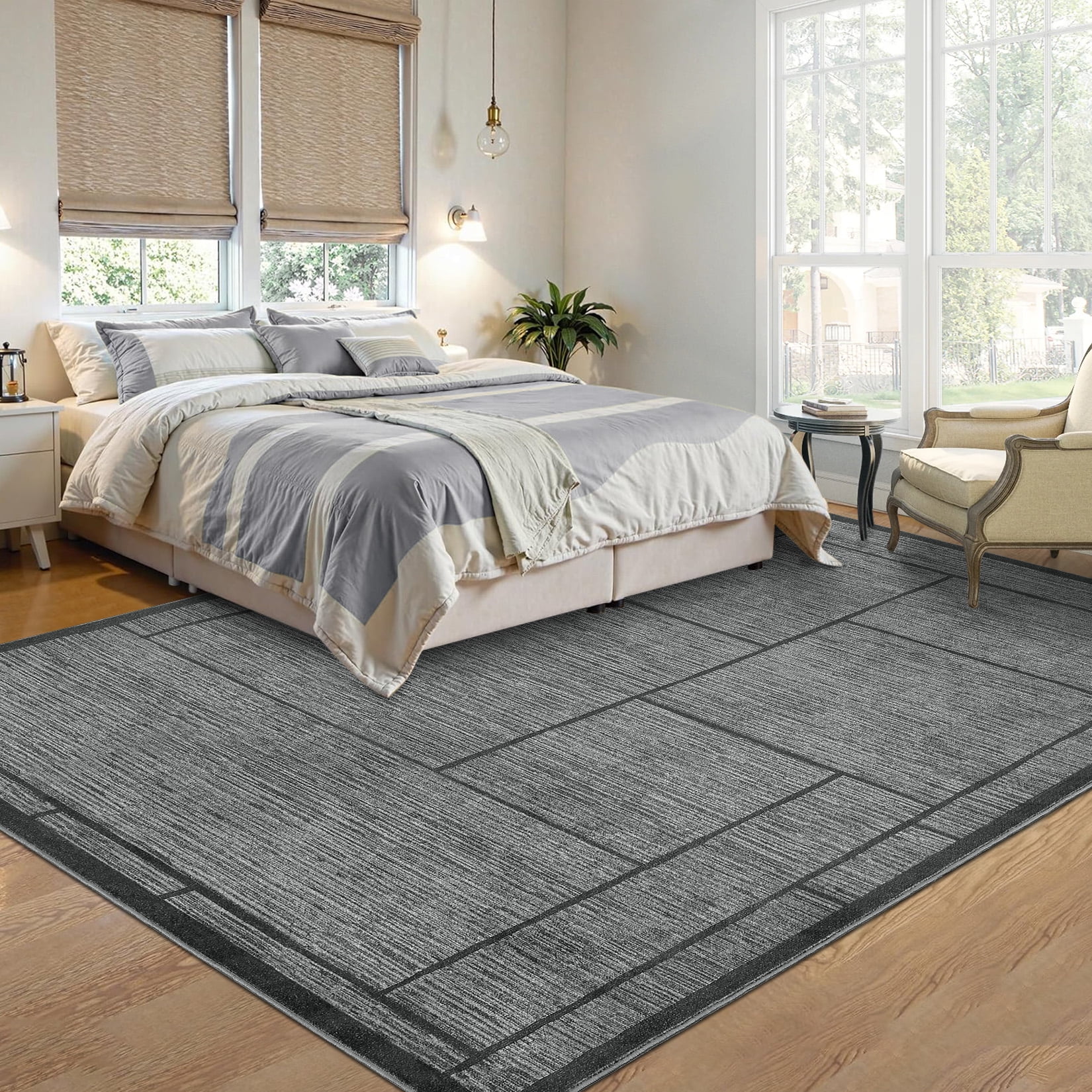 Garvee 8'x10' Modern Geometric Area Rug Solid Rug Living Room Rug, Washable Rug Non-Slip Low Pile Indoor Carpet for Bedroom Dining Room, Dark Gray