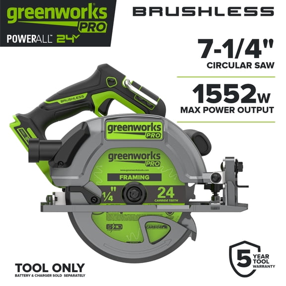 Greenworks Pro PowerAll 24V Brushless 7-1/4" 6000 RPM Circular Saw, Tool Only, CR5185A3