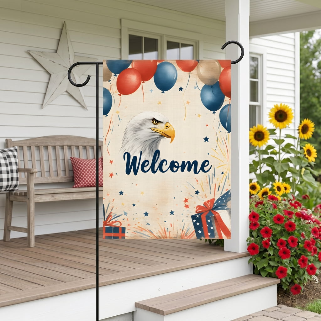 americana garden flag a welcome sign with an eagle and balloons Welcome america decor Large 28x40 Inch Decor Size 4th of july decorations