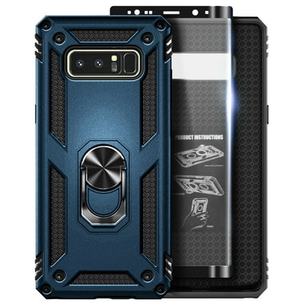 For Samsung Galaxy Note 8 Case with HD Film Screen Protector (Full Coverage), Nagebee Military Armor [Magnetic Ring Holder & Kickstand] Shockproof Protective Cover (Navy Blue)