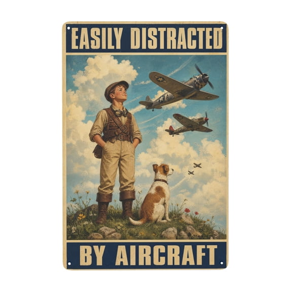 Easily Distracted by Aircraft Funny Dog Metal Tin Sign for Home Bar Cafe Bathroom 8x12 Inch