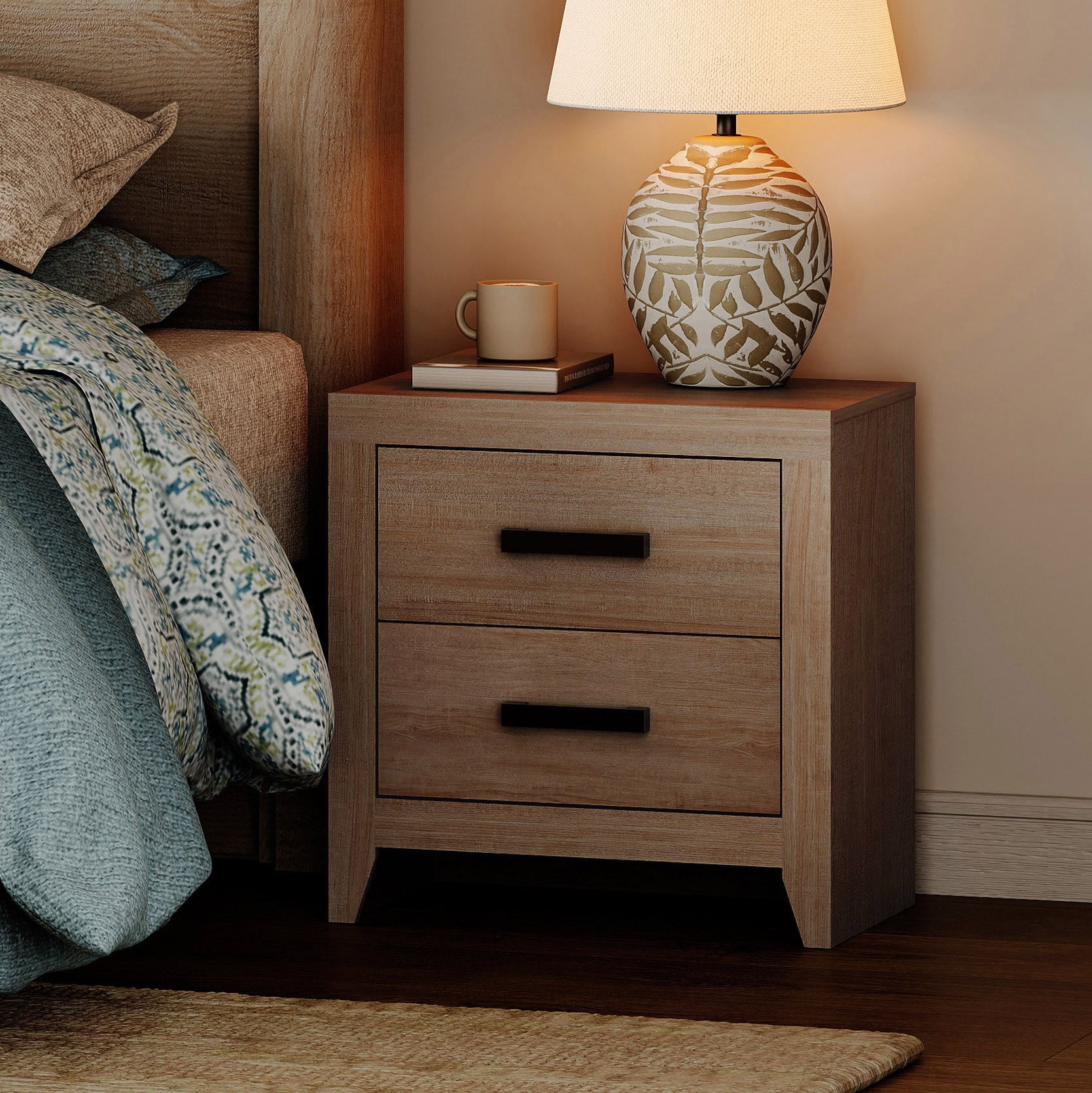 Farmhouse Rustic Wooden Nightstand With 2 Smooth‑Glide Storage Drawers,Solid‑Base Bedside End Table,Multi‑Purpose Accent Side Cabinet For Bedroom,Living‑Room,Beige
