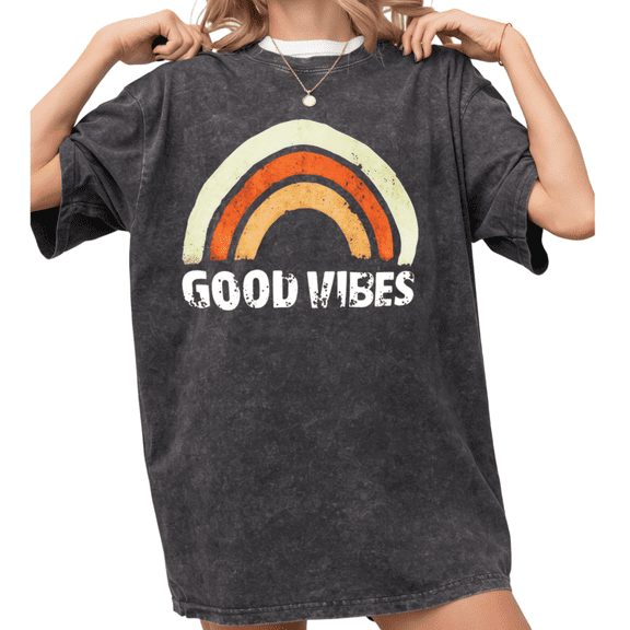 Women's Good Vibes Retro Rainbow Graphic Short Sleeve Comfortable Casual Washed Tee Black S-2XL Plus Size