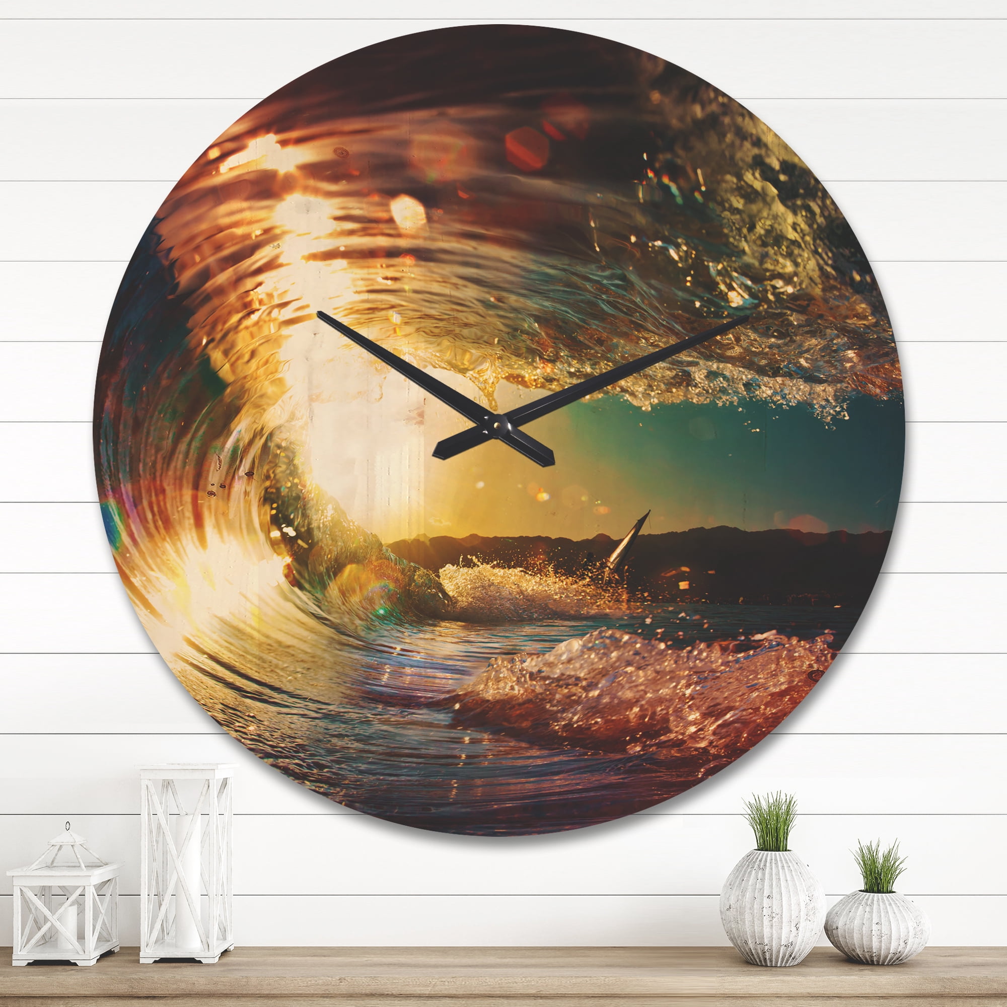 Designart 'Colored Ocean Waves Falling Down At Sunset III' Coastal Wood Wall Clock