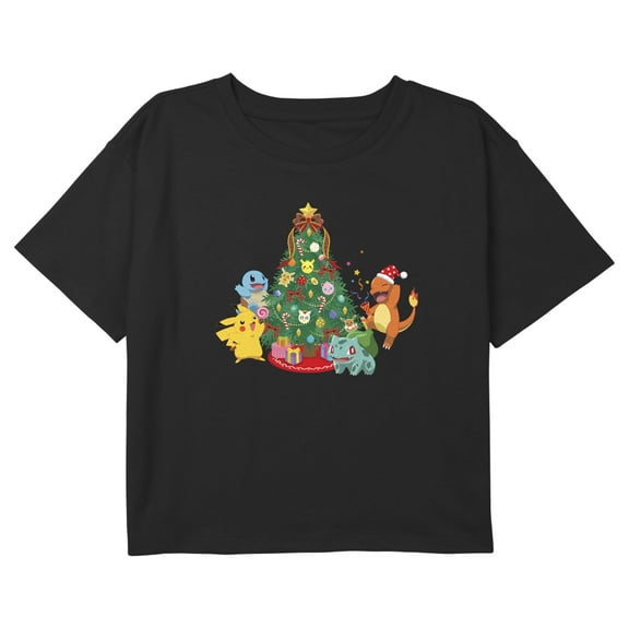 Girl's Pokemon Christmas Tree Friends Characters Graphic Cropped T-Shirt Black X Large