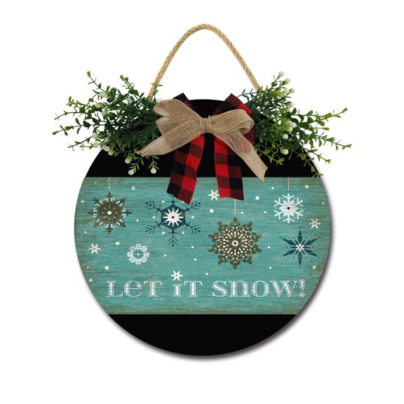 Let It Snow Sign Front for Door Decoration, 11 in Round Wood Wreaths Wall Hanging Outdoor, Farmhouse, Porch, for Spring Summer Fall All Seasons Holiday Christmas