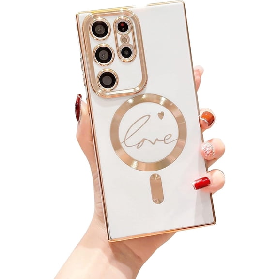 Compatible with Magsafe Phone Case for Samsung Galaxy S22 Ultra Cute Love Heart Case Luxury Plating Cover for Women Shockproof Soft Silicone Bumper for Galaxy S22 Ultra 6.8 inch (White)
