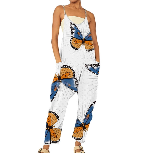 Fashnice Combinaisons pour Femmes Imprimé Floral Combinaison à Carreaux Pantalon Long Boho Été Blanc P