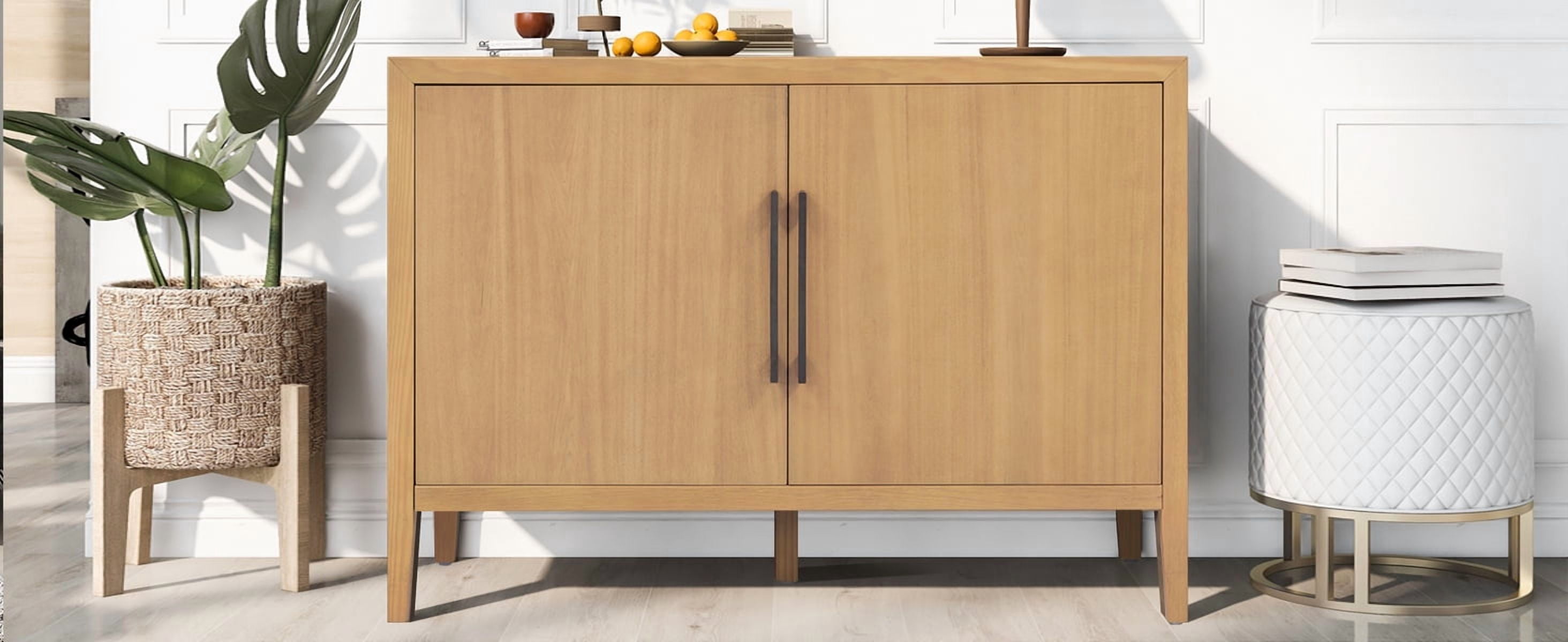 Mintazer 47.25" Farmhouse Sideboard with 2 Doors & Adjustable Feet, Wooden Storage Cabinet with Pine Veneer & Metal Handles for Entryway Living Room, Natural