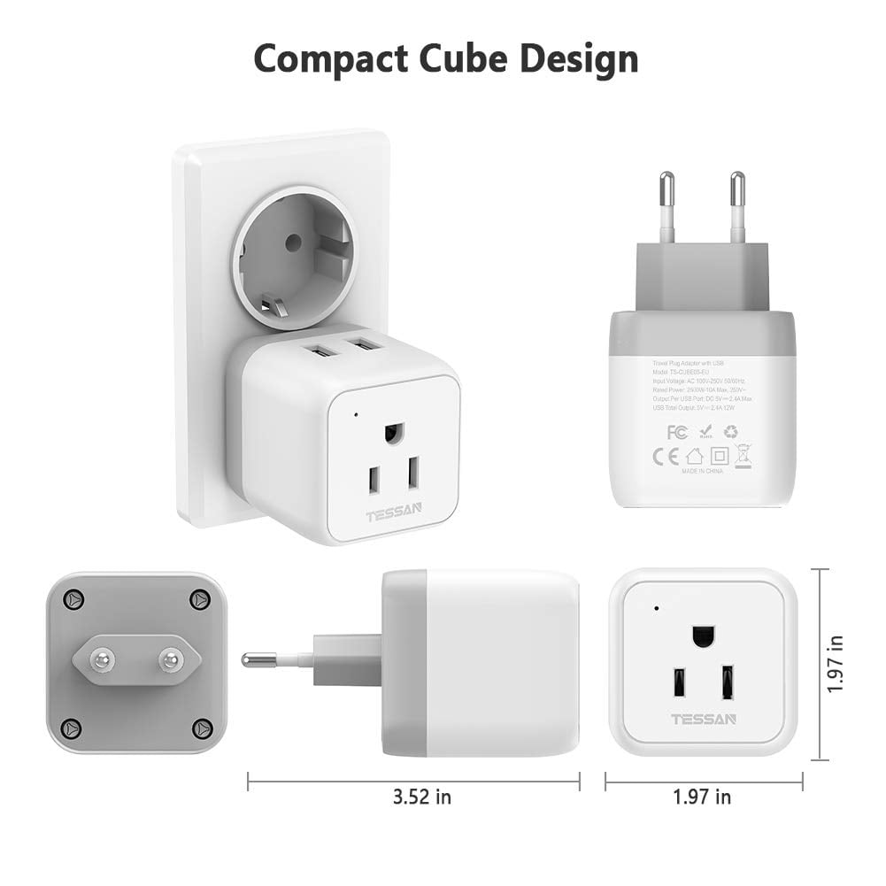 European Travel Plug Adapter, TESSAN International Power Adaptor with 2