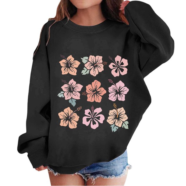 MEZZALL Chandail en Molleton Graphique pour Enfants Fille Col Rond Manches Longues Imprimé Floral, Noir, 3-4 Ans