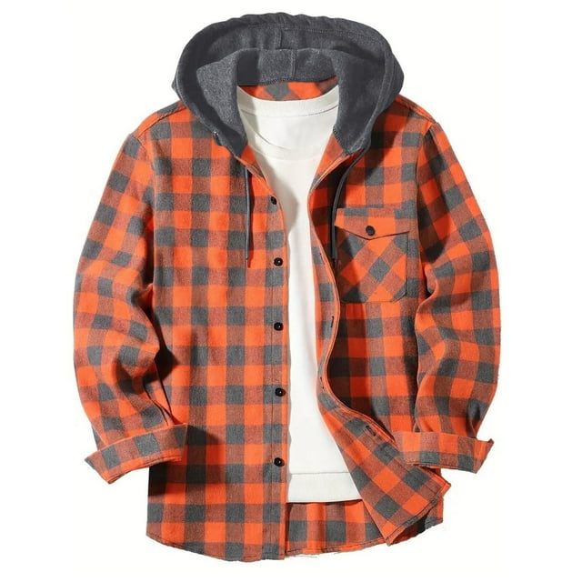 aohooy Buffalo Plaid Jacket Mens - Stylish Casual Button Down Long Sleeve Fall Jackets Shacket with Pockets Orange,M